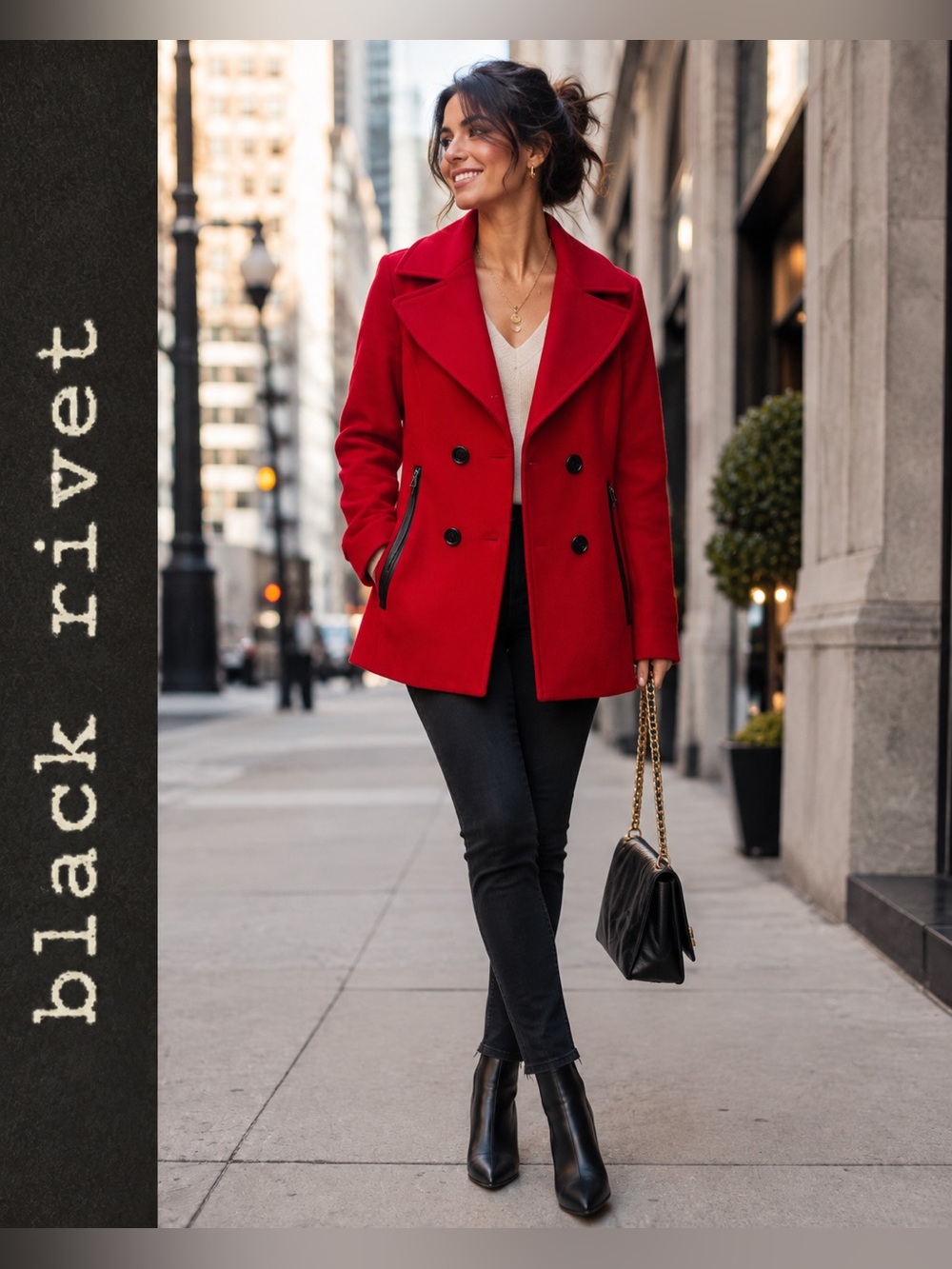 Black Rivet Red Double-Breasted Wool-Blend Pea Coat Size XL